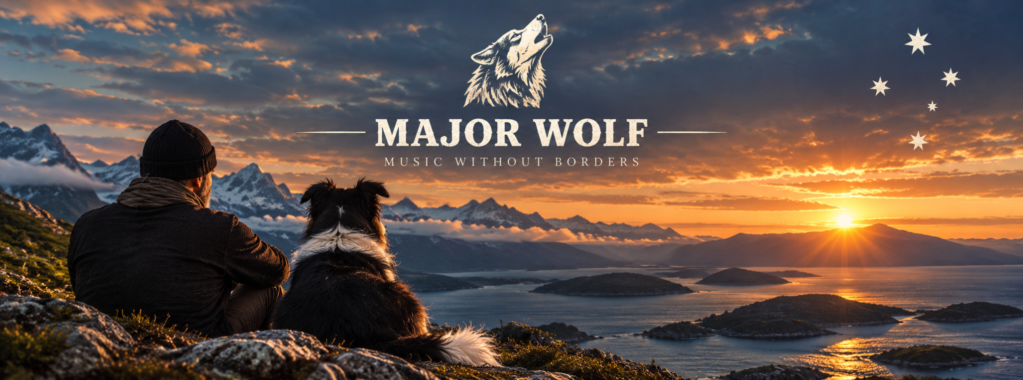 A back-facing traveller and dog look toward a golden horizon across mountains and water. Major Wolf — Music Without Borders.